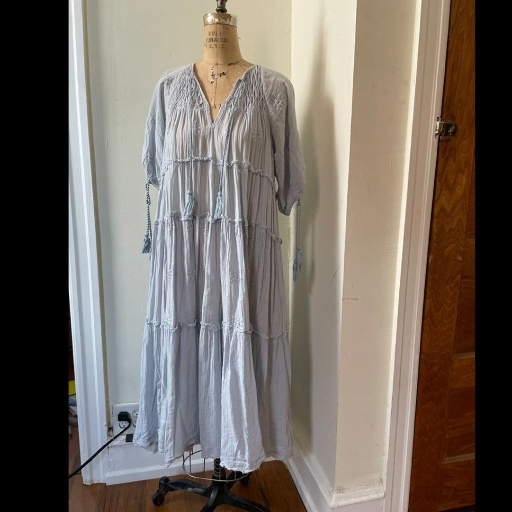 FREE PEOPLE maxi, eyelet peasant dress, cotton in pale blue
